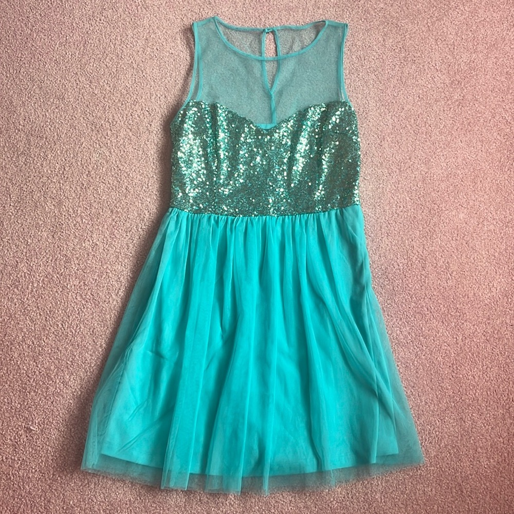 BRAND NEW Teal Sparkly Sequin Mini Short Dress Size L